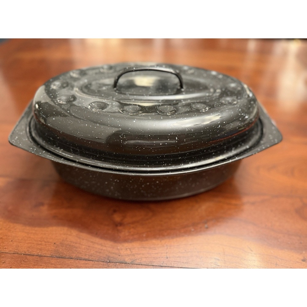 Vintage Granite Ware Black Speckled Enamel Oval Roaster Pan Dimpled Covered Lid